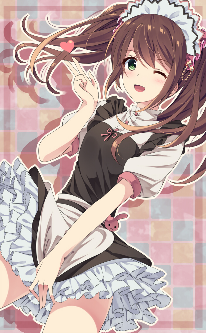10s, 1boy, ;d, blowing_kiss, blush, brown_hair, covering_crotch, covering_privates, crossdressing, crossdressing_(mtf), frilled_skirt, frills, green_eyes, heart, idolmaster, idolmaster_side-m, looking_at_viewer, maid, male_focus, male_maid, mizushima_saki, one_eye_closed, open_mouth, remoyona, skirt, smile, solo, standing, trap, twintails, white_skirt