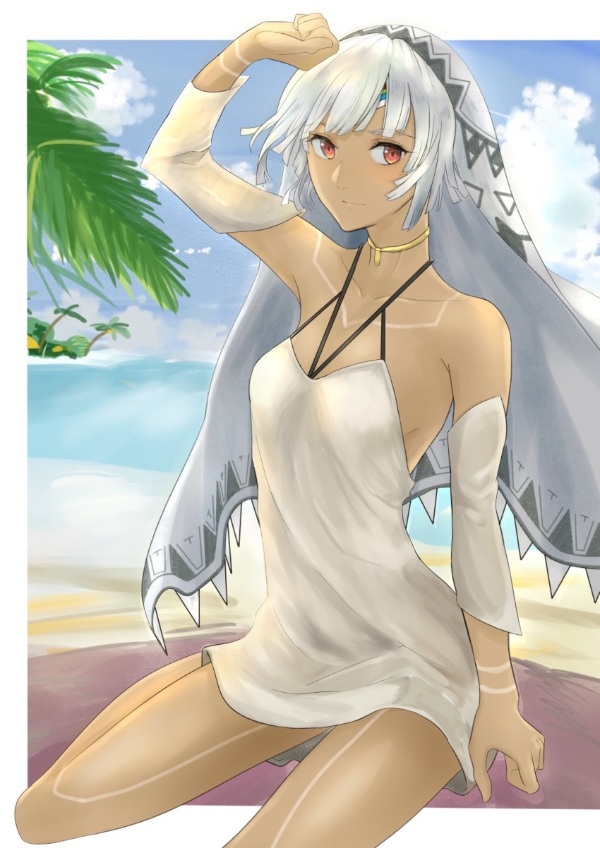 1girl, altera_(fate), altera_(formal_dress)_(fate), arm_up, beach, chakama_817, dark-skinned_female, dark_skin