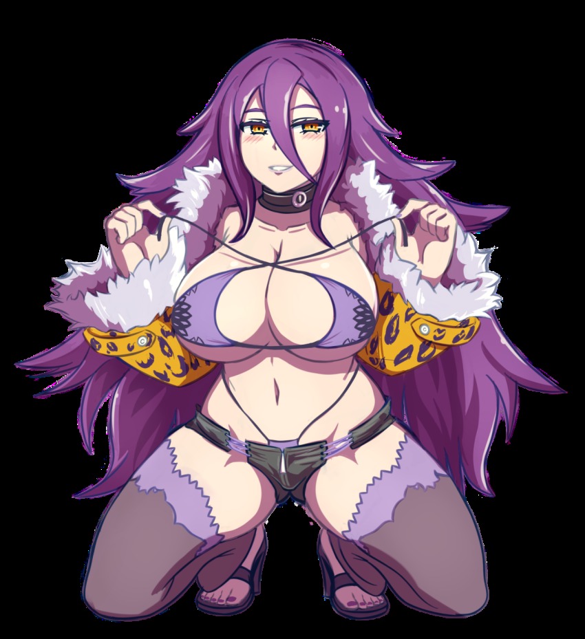 1girl, 7th_dragon, 7th_dragon_(series), 7th_dragon_2020, black_neckwear, black_shorts, blush, bra, breasts, choker, cleavage, cleavage_cutout, clothing_cutout, commentary, cosplay, curvy, dark_mage_(monster_girl_encyclopedia), english_commentary, female_focus, full_body, fur-trimmed_jacket, fur_trim, grey_thighhighs, grin, hair_between_eyes, hands_up, high_heels, highres, jacket, kneeling, large_breasts, legs, long_hair, looking_at_viewer, micro_panties, micro_shorts, monster_girl_encyclopedia, monster_girl_encyclopedia_ii, nail_polish, nav_(itsnav), navel, no_socks, orange_eyes, panties, psychic_(7th_dragon), psychic_(7th_dragon)_(cosplay), purple_bra, purple_panties, revealing_clothes, shoes, short_shorts, shorts, simple_background, smile, solo, squatting, stomach, thick_thighs, thighhighs, thighs, toenail_polish, toenails, transparent_background, underboob, underwear, very_long_hair