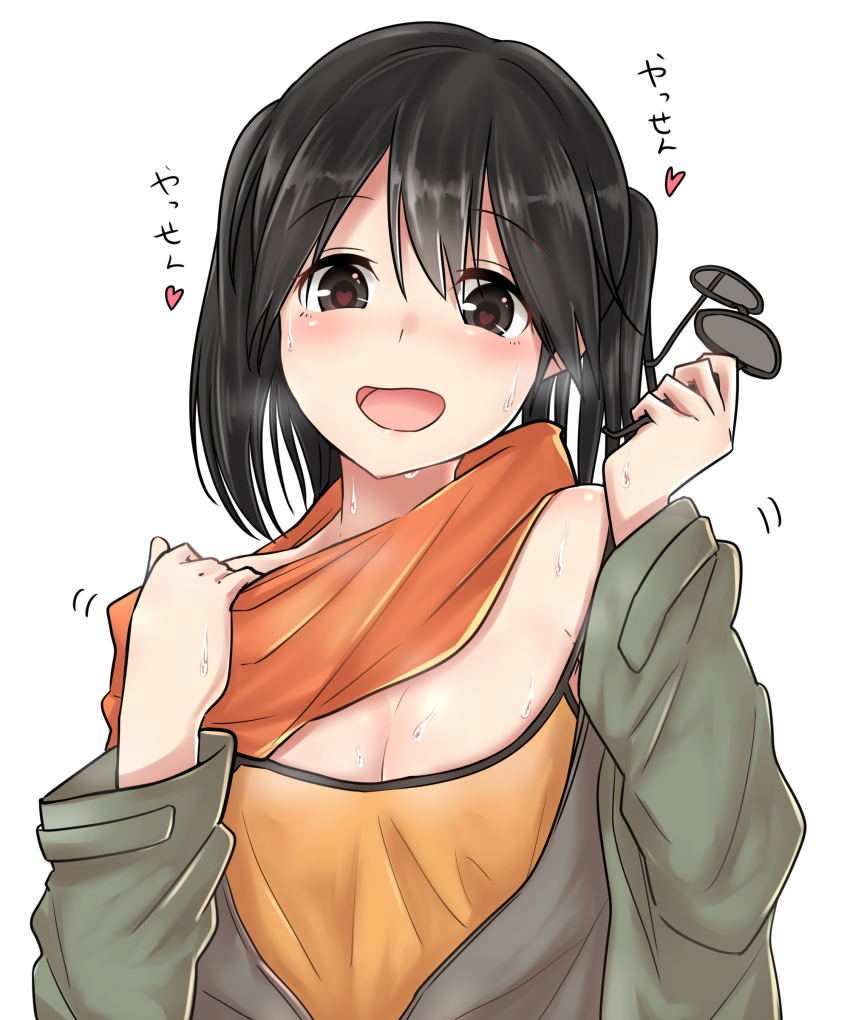 1girl, :d, absurdres, alternate_costume, black_hair, breasts, brown_eyes, cleavage