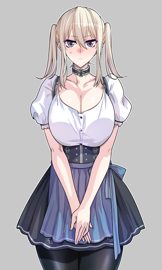 1girl, black_pantyhose, blonde_hair, breasts, choker, cleavage, collarbone, dirndl