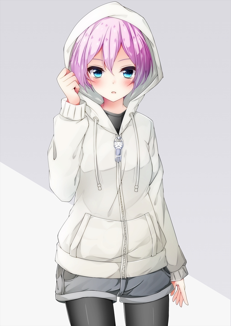 1girl, black_pantyhose, black_shirt, blouse, blue_eyes, cat_zipper, cowboy_shot, female_focus