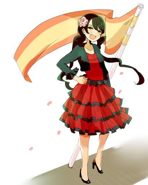 1girl, brown_hair, dress, flower, hair_flower, hair_ornament, holding, long_dress