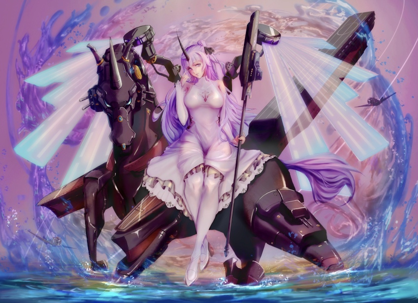 1girl, absurdres, adapted_costume, afloat, aged_up, alternate_costume, azur_lane, commentary, detached_sleeves, dress, female_focus, hair_bun, highres, holding, horizon, horns, long_hair, looking_at_viewer, name_connection, object_namesake, ocean, pantyhose, purple_eyes, purple_hair, rigging, single_hair_bun, single_horn, smile, solo, staff, unicorn, unicorn_(azur_lane), white_dress, white_pantyhose, yan_mei