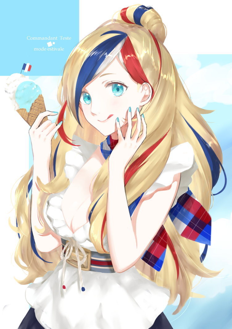 1girl, ;p, blue_hair, blue_nails, breasts, cleavage, commandant_teste_(kancolle), commandant_teste_(summer)_(kancolle)