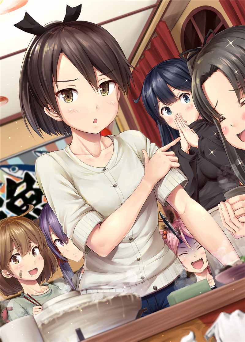 6+girls, akebono_(kancolle), alternate_costume, ayanami_(kancolle), bandaid, banner, bell, black_hair