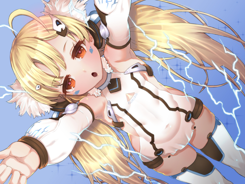 1girl, :o, ahoge, armpits, arms_up, azur_lane, blonde_hair, blue_background, covered_navel, cowboy_shot, detached_sleeves, dutch_angle, eldridge_(azur_lane), electricity, facepaint, female_focus, flat_chest, foreshortening, from_above, hair_ornament, jitome, long_hair, looking_up, object9991, outstretched_arms, red_eyes, solo, thighhighs, twintails, very_long_hair, white_thighhighs