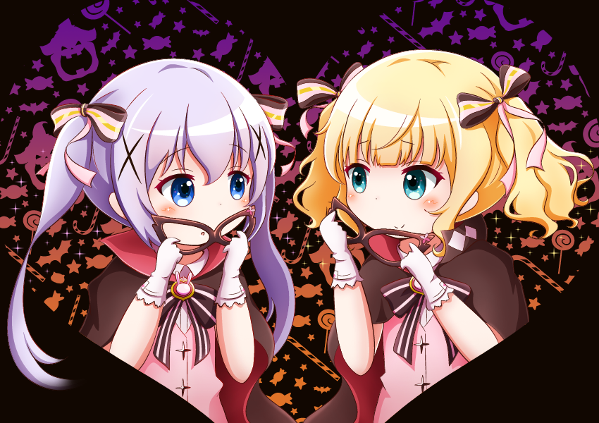 2girls, :o, aqua_eyes, bat_(animal), blonde_hair, blue_eyes, blush, bow