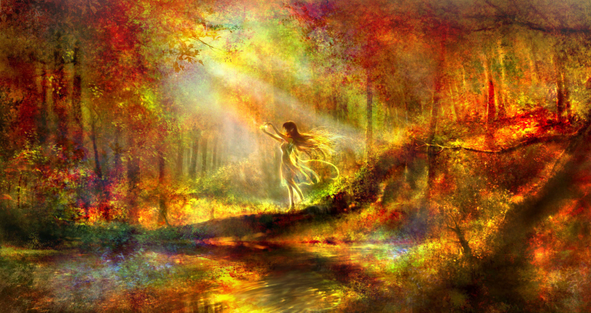 00, 1girl, arms_up, autumn, autumn_leaves, colorful, commentary, dress