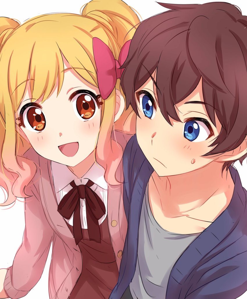 10s, 1boy, 1girl, :d, aikatsu!, aikatsu!_(series), aikatsu_stars!, blonde_hair, blue_eyes, blue_jacket, blush, bow, brown_dress, brown_eyes, brown_hair, brown_ribbon, collared_shirt, commentary_request, dress, embarrassed, gradient_hair, grey_shirt, hair_between_eyes, hair_bow, happy, highres, jacket, long_hair, long_sleeves, looking_at_another, multicolored_hair, neck_ribbon, nijino_yume, open_mouth, pants, pink_bow, pink_hair, pink_jacket, ribbon, sekina, shirt, simple_background, smile, sweatdrop, twintails, white_background, white_shirt, yuuki_subaru