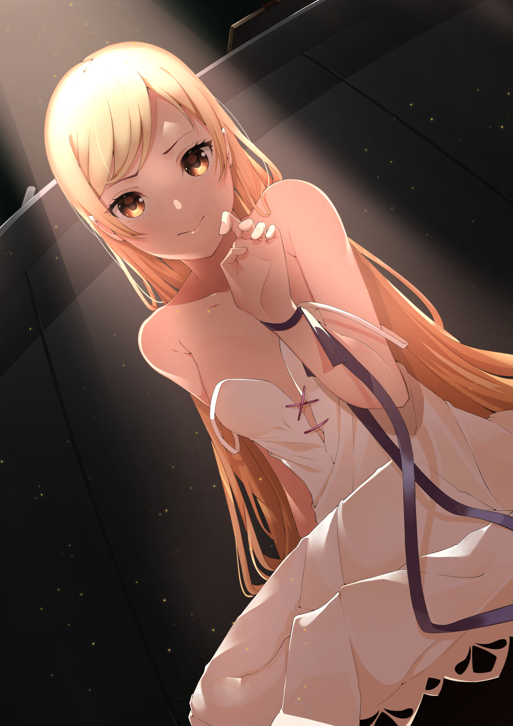 1girl, akuan_(7jackpot7), bad_id, bad_pixiv_id, bare_shoulders, blonde_hair, dress, dutch_angle