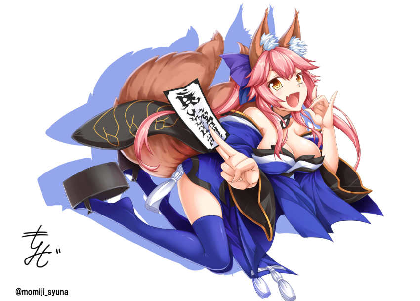 10s, 1girl, animal_ears, bare_shoulders, blue_thighhighs, bow, breasts, cleavage