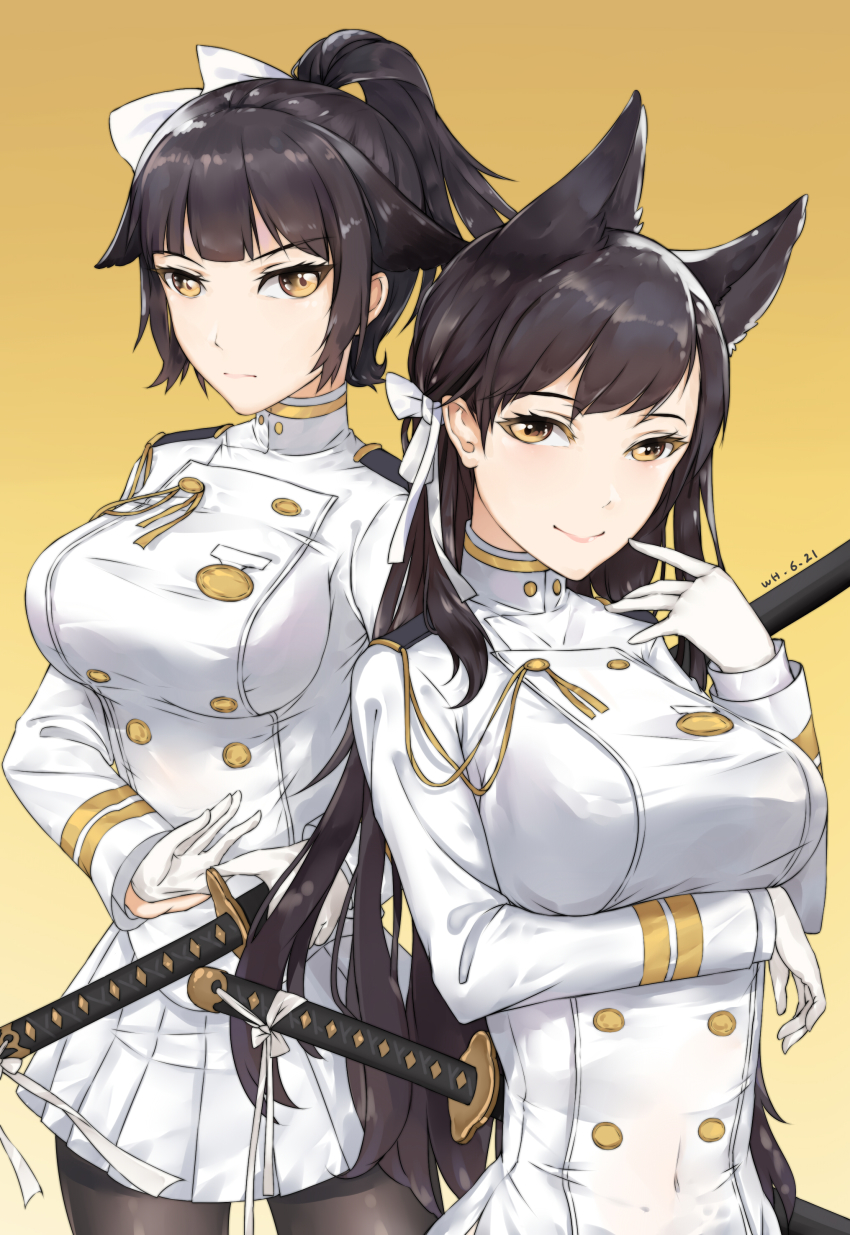 2girls, absurdres, animal_ears, atago_(azur_lane), azur_lane, black_hair, black_legwear, breast_hold, breasts, buttons, closed_mouth, cowboy_shot, dated, fighting_stance, finger_to_mouth, gloves, hair_ears, hair_ornament, hair_ribbon, han_xiao_xue_beifang_xue_ji, high_collar, highres, katana, large_breasts, long_hair, looking_at_viewer, military, military_uniform, multiple_girls, naval_uniform, pantyhose, pleated_skirt, ponytail, ribbon, same-hada, saya_(scabbard), skirt, smile, sword, takao_(azur_lane), tassel, tress_ribbon, tsuba_(guard), tsuka-ito, tsuka_(handle), weapon, white_gloves, white_skirt, yellow_background, yellow_eyes