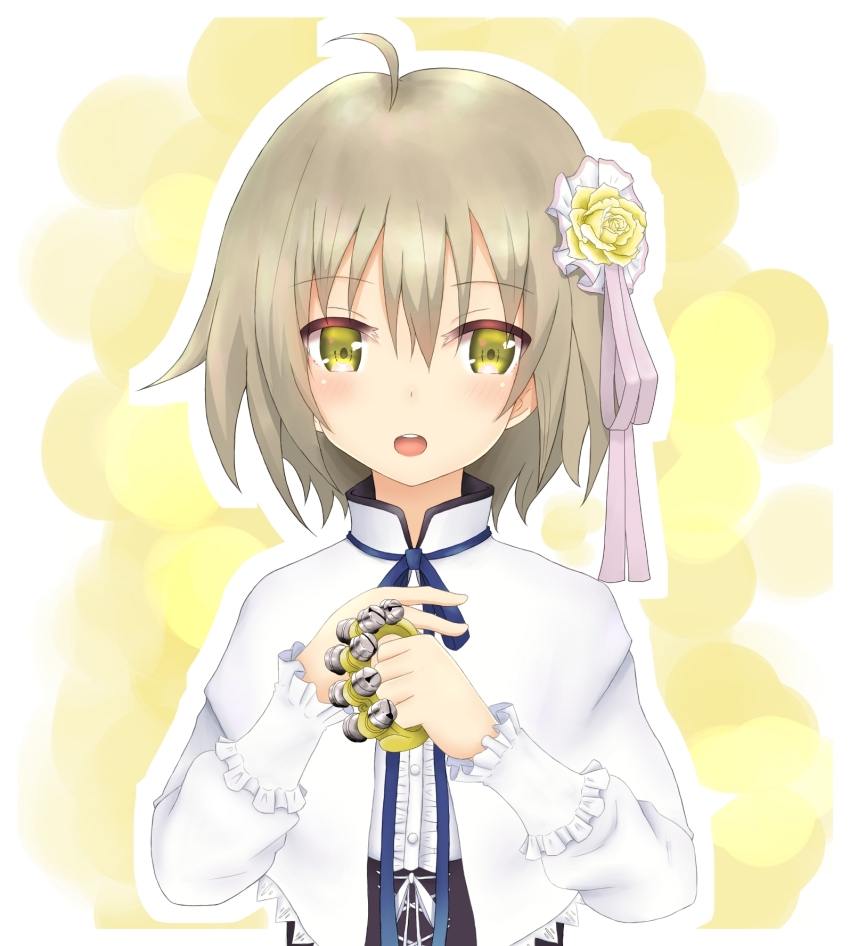 1girl, ahoge, blue_ribbon, blush, brown_hair, female_focus, flower, hair_flower