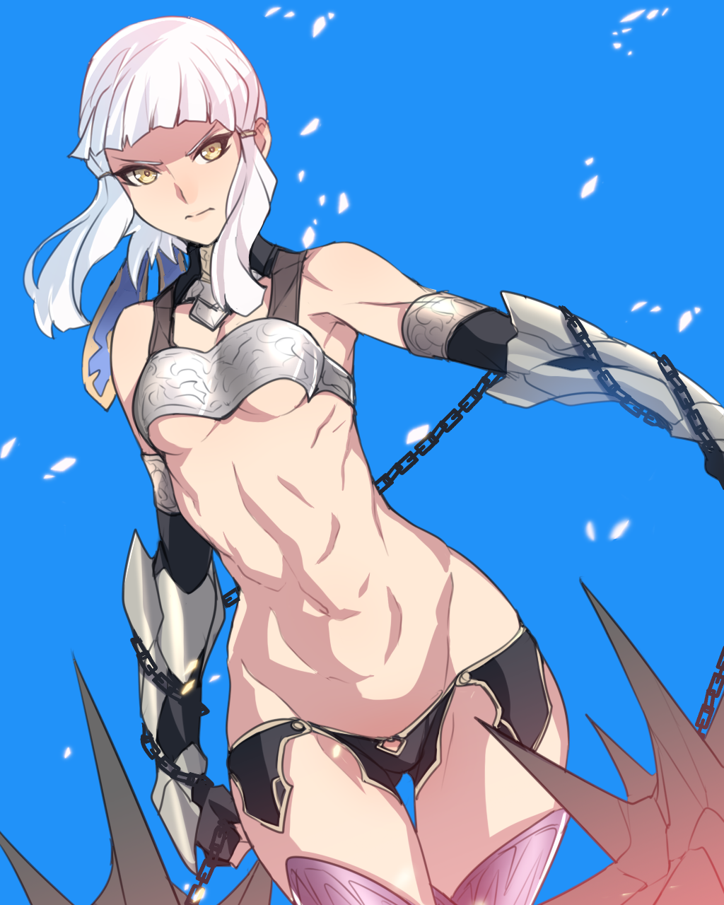 1girl, armor, ban!_(bansankan), bare_shoulders, berserker_of_el_dorado, blue_background, breastplate, breasts, chain, closed_mouth, commentary_request, dutch_angle, elbow_gloves, fate/grand_order, fate_(series), female_focus, fingerless_gloves, gauntlets, gloves, gluteal_fold, highres, looking_at_viewer, navel, penthesilea_(fate), revealing_clothes, short_hair, short_hair_with_long_locks, silver_hair, small_breasts, solo, thigh_gap, thighhighs, underboob, yellow_eyes