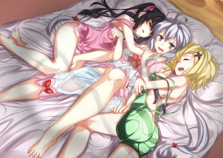 3girls, ahoge, akatsuki_kirika, angry, annoyed, ass, bare_legs, bed, black_bra, black_hair, blonde_hair, blush, bnb_(18750408), bra, breasts, commentary_request, closed_eyes, girl_sandwich, hair_ornament, highres, hug, long_hair, looking_at_viewer, medium_breasts, multiple_girls, open_mouth, pajamas, pillow, purple_eyes, sandwiched, senki_zesshou_symphogear, short_hair, silver_hair, sleeping, sleepwear, strap_slip, tsukuyomi_shirabe, twintails, underwear, open_bra, very_long_hair, x_hair_ornament, yukine_chris