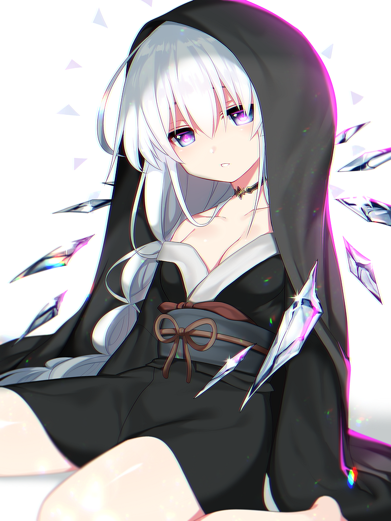 1girl, bare_legs, bemani, black_kimono, blue_eyes, blush, breasts, chromatic_aberration