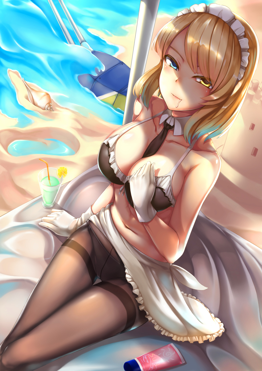 1girl, absurdres, apron, beach, bikini, black_bikini, black_pantyhose, blonde_hair, blue_eyes, breasts, cleavage, crotch_seam, day, drooling, female_focus, frilled_apron, frills, gloves, heterochromia, highres, lanse_dai_mao, large_breasts, looking_at_viewer, maid_headdress, ocean, outdoors, pantyhose, pantyhose_over_swimsuit, renown_(warship_girls_r), seashell, shell, ship_turret, short_hair, solo, swimsuit, waist_apron, warship_girls_r, water, white_apron, white_gloves, yellow_eyes