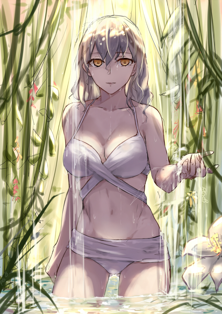 1girl, bikini, female_focus, grey_hair, highres, hindenburg_(warship_girls_r), long_hair, looking_at_viewer
