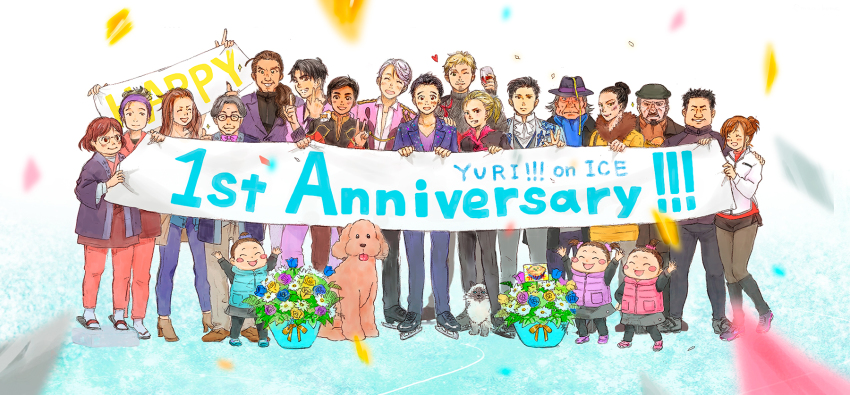 6+boys, 6+girls, ^_^, alcohol, anniversary, banner, beard, black_hair