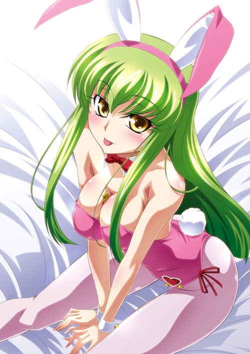 1girl, :p, animal_ears, between_breasts, breasts, c.c., cleavage, code_geass, cosplay, fake_animal_ears, female_focus, green_hair, izumi_mahiru, kouzuki_kallen_(cosplay), large_breasts, long_hair, pantyhose, playboy_bunny, rabbit_ears, rabbit_tail, sitting, solo, tail, tongue, tongue_out, wrist_cuffs, yellow_eyes