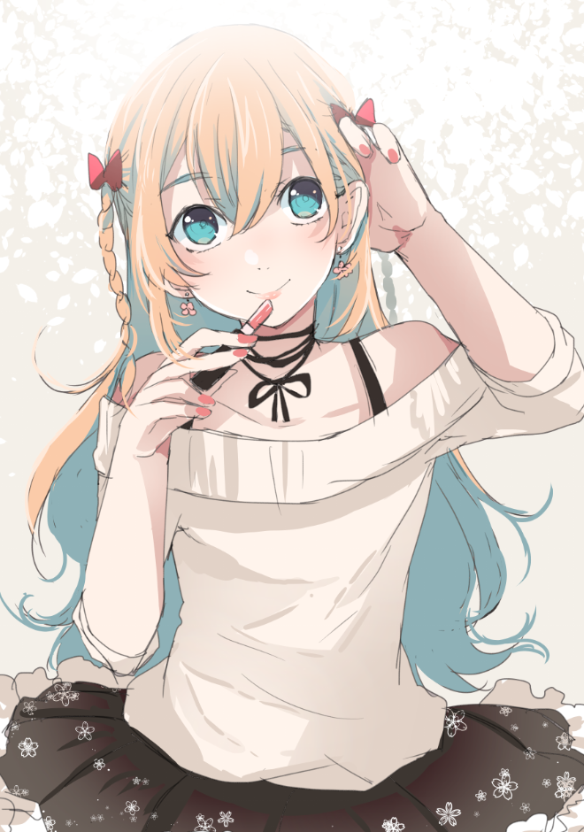 10s, 1boy, blonde_hair, blue_eyes, bow, braid, cosmetics, earrings, hair_bow, jewelry, lipstick, lipstick_tube, makeup, male_focus, midare_toushirou, nail_polish, red_nails, skirt, smile, touken_ranbu, trap, twin_braids, ui_(majiwi)