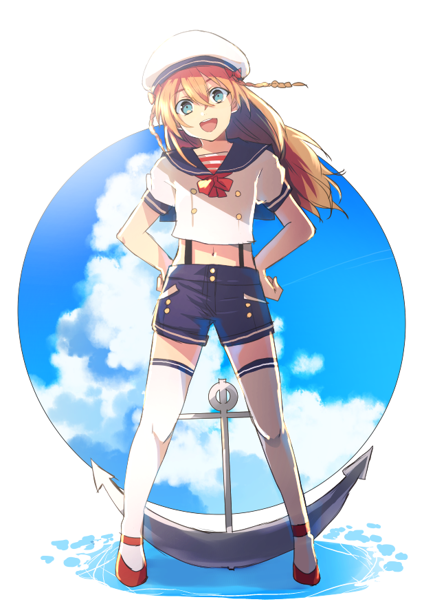 10s, 1boy, :d, anchor, blonde_hair, blue_eyes, braid, hands_on_own_hips, hat, male_focus, midare_toushirou, open_mouth, sailor, sailor_hat, shorts, smile, thighhighs, touken_ranbu, trap, twin_braids, ui_(majiwi), white_legwear