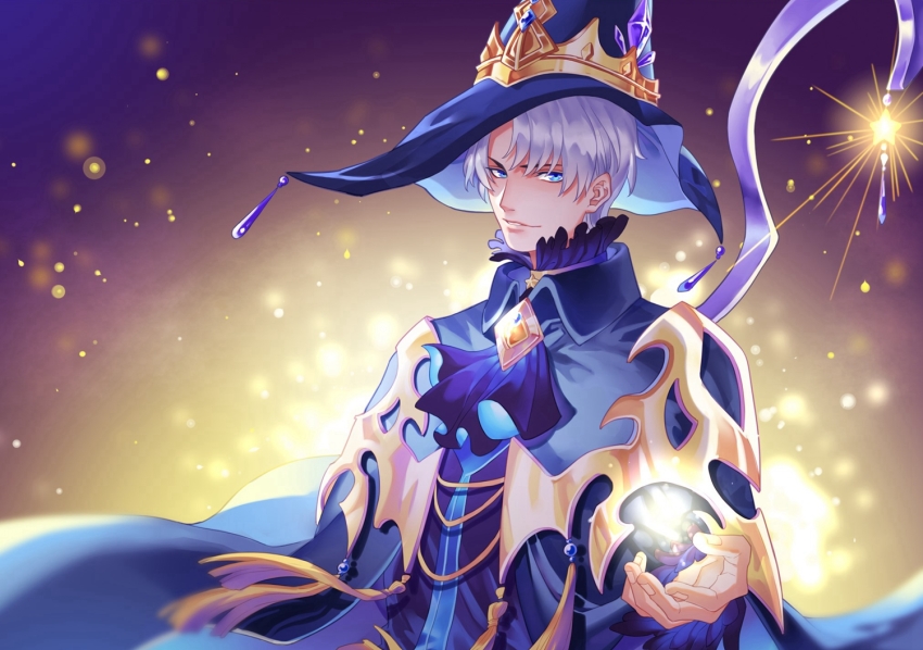 1boy, ascot, blue_cape, blue_eyes, blue_hat, cape, hat, kuzen, magic, male_focus, parted_lips, quan_zhi_gao_shou, silver_hair, vaccaria, wang_jiexi, wang_jiexi_(vaccaria), wizard_hat