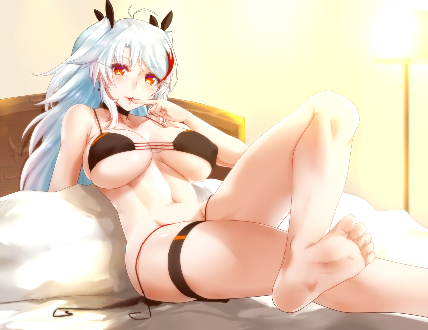 1girl, absurdres, azur_lane, bare_arms, bare_legs, bare_shoulders, barefoot, bikini, black_bikini, breasts, choker, crossed_legs, feet, female_focus, finger_to_mouth, flag_print, flag_print_bikini, german_flag_bikini, halterneck, highres, indoors, lamp, large_breasts, long_hair, looking_at_viewer, minarai_tenna, navel, on_bed, pillow, print_bikini, prinz_eugen_(azur_lane), prinz_eugen_(unfading_smile)_(azur_lane), reclining, red_eyes, silver_hair, soles, solo, swimsuit, thigh_strap, toes, underboob, untied_bikini
