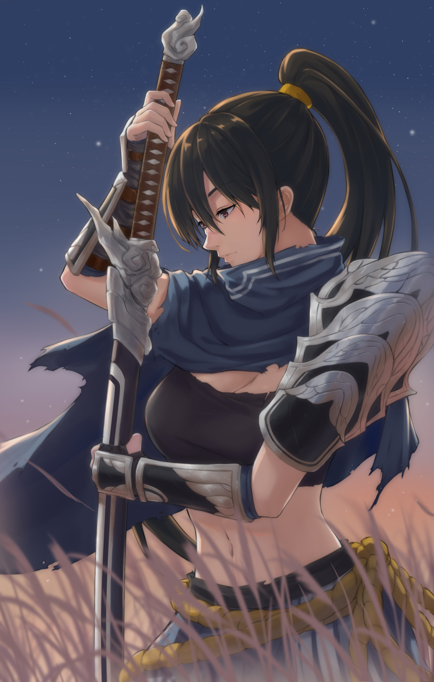 1girl, absurdres, black_hair, breasts, cape, cleavage, female_focus, gender_request, genderswap, grass, highres, league_of_legends, midriff, navel, night, ponytail, shiko_(pixiv3834224), solo, sword, weapon, yasuo_(league_of_legends)