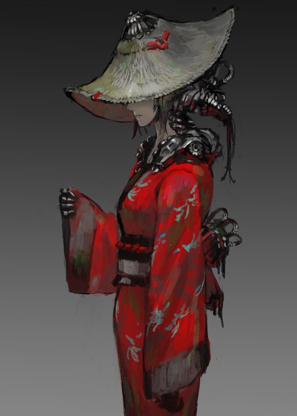 1girl, android, covered_eyes, cyborg, denki, female_focus, from_side, gradient_background, hat, japanese_clothes, japanese_hat, kasa, kimono, long_sleeves, mechanical_arms, obi, original, profile, red_kimono, sash, single_mechanical_arm, sleeves_past_wrists, solo, standing, straw_hat, wide_sleeves