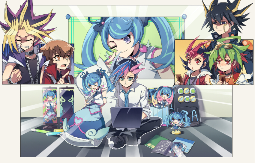 1girl, 6+boys, :o, angry, blonde_hair, blue_angel_(yu-gi-oh!), blue_bow, blue_hair