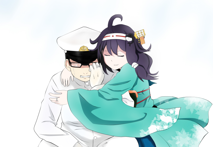 1boy, 1girl, absurdres, admiral_(kancolle), ahoge, commentary_request, crying, glasses