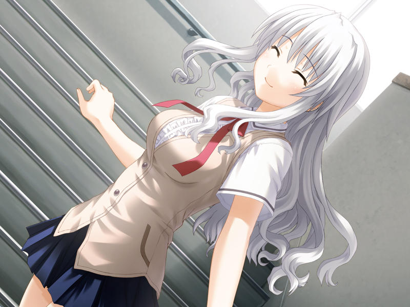 1girl, closed_eyes, dutch_angle, female_focus, game_cg, long_hair, misaki_ryou, nekonyan, non-web_source, sakaagari_hurricane, school_uniform, smile, solo, white_hair