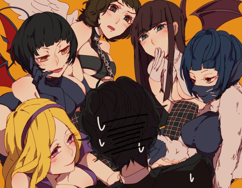 10s, 1boy, 5girls, amamiya_ren, angel_(megami_tensei), angel_(megami_tensei)_(cosplay), bad_id, bad_twitter_id, black_eyes, black_hair, blonde_hair, blush, breasts, brown_eyes, chain, cosplay, glasses, green_eyes, halloween, harem, kawakami_sadayo, leanan_sidhe_(megami_tensei), leanan_sidhe_(megami_tensei)_(cosplay), lilim_(megami_tensei), lilim_(megami_tensei)_(cosplay), long_hair, looking_at_viewer, mask, medium_breasts, medium_hair, megami_tensei, mifune_chihaya, multiple_girls, nekomata_(megami_tensei), nekomata_(megami_tensei)_(cosplay), ohya_ichiko, orange_background, p5_koumei, persona, persona_5, purple_eyes, red_background, short_hair, smile, succubus_(megami_tensei), succubus_(megami_tensei)_(cosplay), takemi_tae, tougou_hifumi, wings, zipper