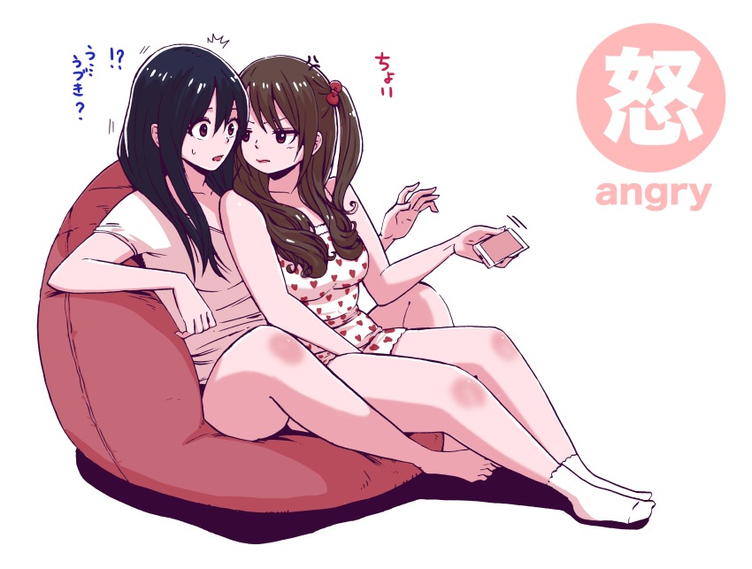 >:s, ^^^, 2girls, :s, absurdres, anger_vein, bare_arms, bare_legs