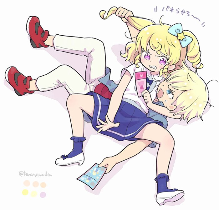 10s, 1boy, 1girl, angry, blue_eyes, brother_and_sister, clenched_teeth, fighting, grabbing_another's_hair, holding_another's_hair, idol_time_pripara, looking_at_another, open_mouth, pretty_series, pripara, purple_eyes, shoes, siblings, simple_background, skirt, sneakers, teeth, ticket, twintails, twitter_username, yumekawa_shogo, yumekawa_yui