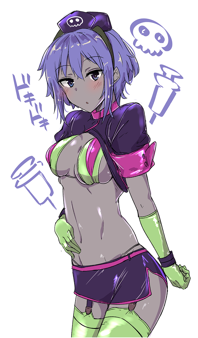 1girl, bare_shoulders, bikini, breasts, cosplay, covered_erect_nipples, dark-skinned_female, dark_skin, fate/grand_order, fate/prototype, fate/prototype:_fragments_of_blue_and_silver, fate_(series), florence_nightingale_(fate), florence_nightingale_(fate)_(cosplay), florence_nightingale_(trick_or_treatment)_(fate), gloves, hairband, hassan_of_serenity_(fate), highres, looking_at_viewer, medium_breasts, midriff, multicolored_bikini, official_alternate_costume, purple_eyes, purple_hair, short_hair, shrug_(clothing), skirt, standing, stomach, swimsuit, yuuma_(noel)