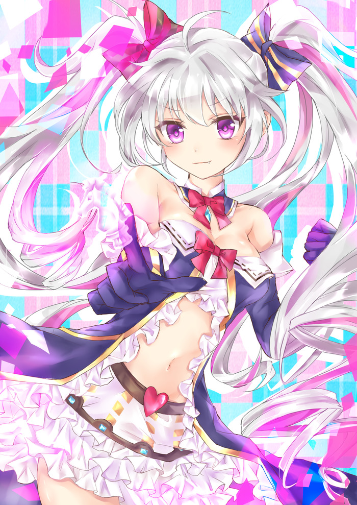 bad_id, bad_pixiv_id, bare_shoulders, belt, bow, breasts, bustier, caro_(shironeko_project)