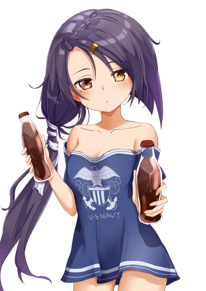 1girl, ame., azur_lane, bare_shoulders, black_hair, bottle, breasts, brown_eyes