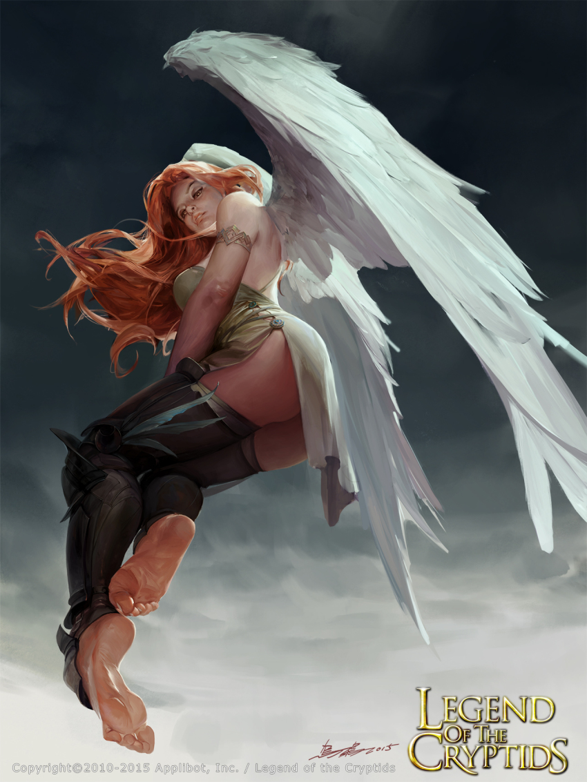 1girl, angel, angel_wings, armlet, ass, barefoot, black_legwear, brown_eyes, copyright_name, crowgod, dated, female_focus, from_below, full_body, highres, jewelry, legend_of_the_cryptids, long_hair, midair, parted_lips, plantar_flexion, red_hair, signature, solo, toe_scrunch, watermark, white_wings, wings