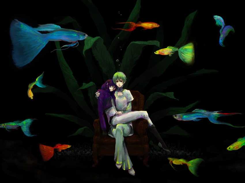 00s, 2boys, bad_id, bad_pixiv_id, choku_mare, dark, fish, glasses