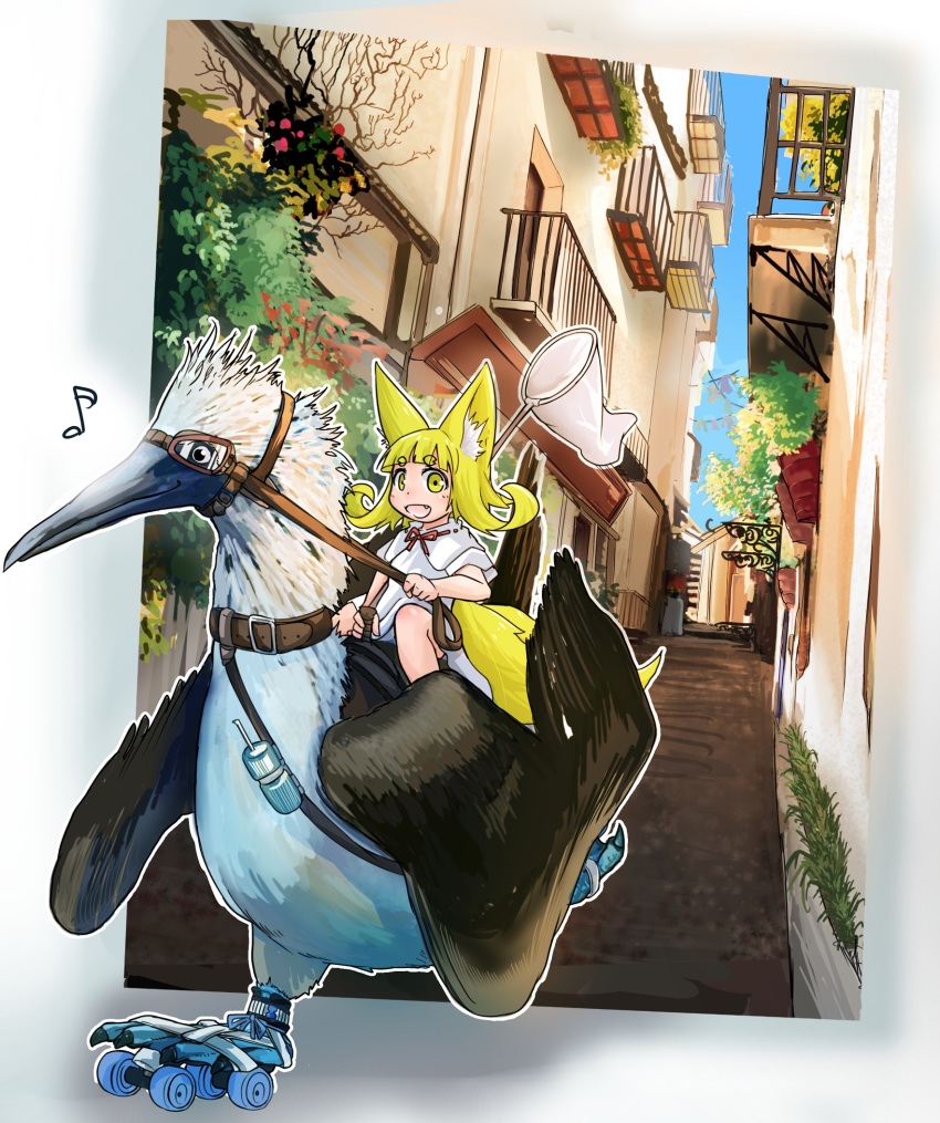 1girl, :d, alley, animal, animal_ears, balcony, belt_collar, bird