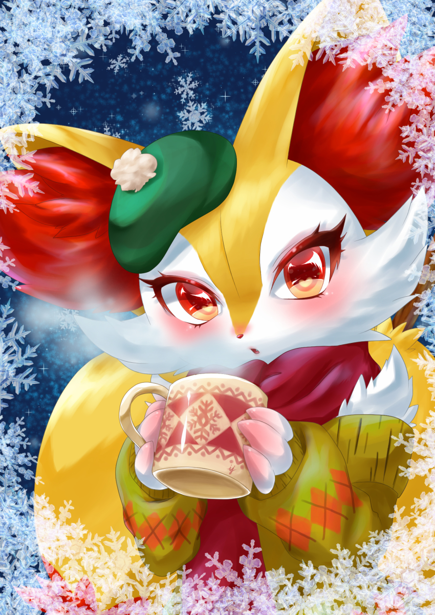 1girl, aije, animal_ears, blue_background, blush, border, braixen, cup