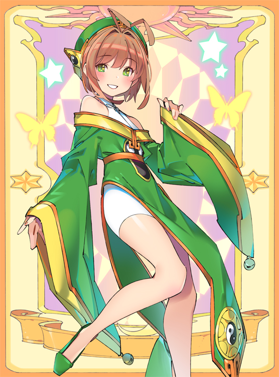 1girl, ahoge, antenna_hair, bare_shoulders, blush, brown_hair, cardcaptor_sakura, chinese_clothes, cosplay, dress, green_eyes, green_footwear, green_hat, hair_ornament, hat, kinomoto_sakura, li_syaoran, li_xiaolang_(cosplay), long_sleeves, looking_at_viewer, magical_girl, popqn, shoes, short_hair, skirt, smile, wide_sleeves