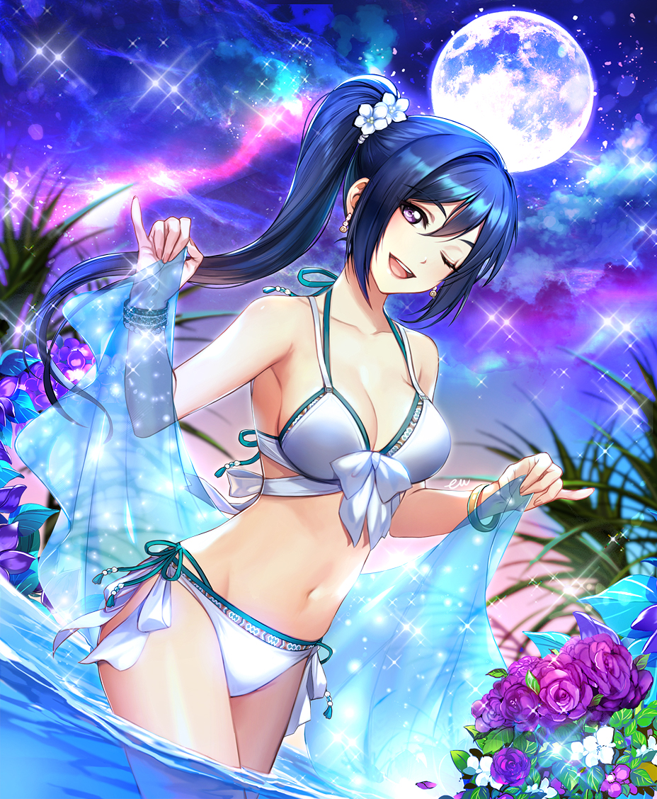 1girl, aurora, bangle, bikini, blue_hair, blush, bracelet, breasts