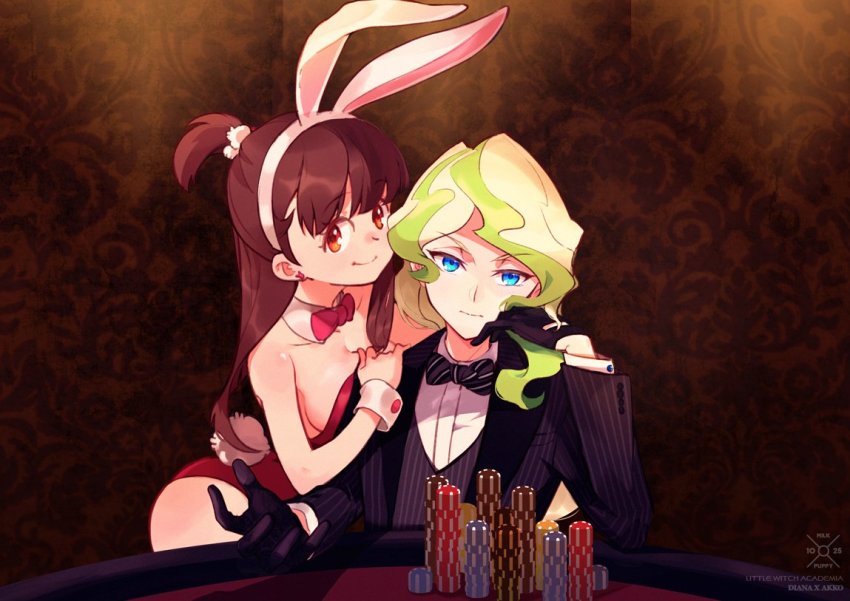 2girls, alternate_universe, animal_ears, bow, bowtie, casino, diana_cavendish, fake_animal_ears, formal_clothes, gloves, kagari_atsuko, little_witch_academia, milk_puppy, multiple_girls, playboy_bunny, poker_chip, poker_table, rabbit_ears, suit, table, yuri