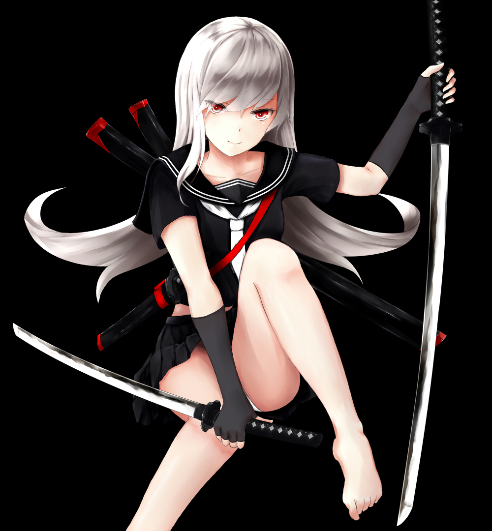 1girl, arm_at_side, bare_legs, barefoot, between_legs, black_background, black_gloves, black_serafuku, blue_background, collarbone, dual_wielding, elbow_gloves, female_focus, fingerless_gloves, gloves, habaki, hand_between_legs, holding, holding_weapon, invisible_chair, katana, leg_lift, long_hair, looking_at_viewer, midriff_peek, neckerchief, ogcmaster, original, panties, panty_peek, red_eyes, sageo, saya_(scabbard), scabbard, school_uniform, serafuku, sheath, simple_background, sitting, smile, solo, sword, tsuba_(guard), tsuka_(handle), underwear, unsheathed, weapon, white_hair, white_neckerchief