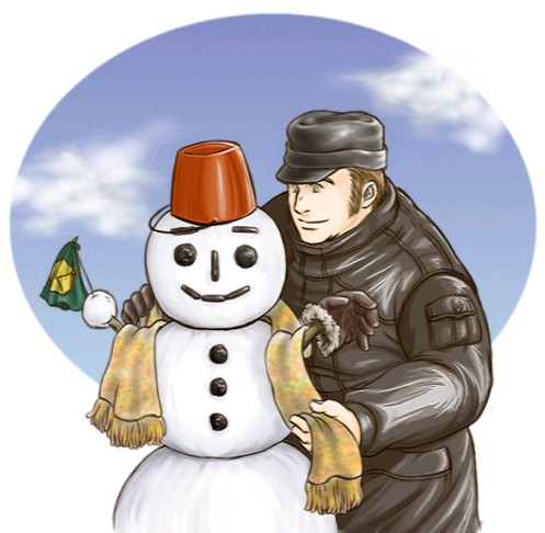 artist_request, brown_hair, bucket, fyodor_patorichev, ginga_eiyuu_densetsu, hat, jacket, lowres, scarf, snowman, tagme