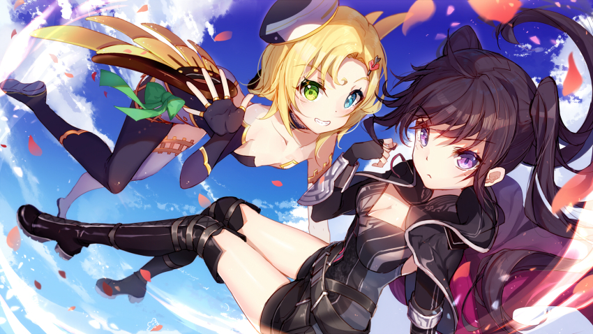 2girls, ahoge, arrow_through_heart, asymmetrical_footwear, beret, bison_cangshu, black_footwear, black_gloves, black_hair, black_shorts, blonde_hair, blue_eyes, blue_sky, blurry, blush, boots, bracer, breasts, cleavage, cloak, closed_mouth, cloud, cloudy_sky, coupy, day, depth_of_field, dutch_angle, elbow_gloves, fingerless_gloves, gloves, green_eyes, grin, han-gyaku-sei_million_arthur, hand_up, hat, heterochromia, highres, hood, hood_down, looking_at_viewer, million_arthur_(series), mini_hat, multiple_girls, outdoors, over-kneehighs, parted_lips, petals, purple_eyes, short_hair, shorts, single_thighhigh, sky, small_breasts, smile, thigh_boots, thighhighs, twintails, uneven_footwear, yamaneko_arthur